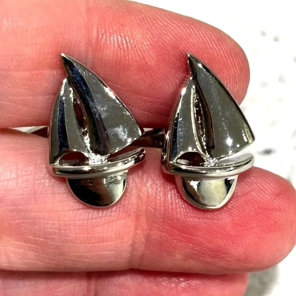 Sail boat shaped silver tone cufflinks nautical theme cuff links for man